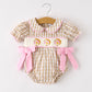 Fall Thanksgiving Lapel Plaid Chick Embroidery Smocking Bow Baby Girls Romper