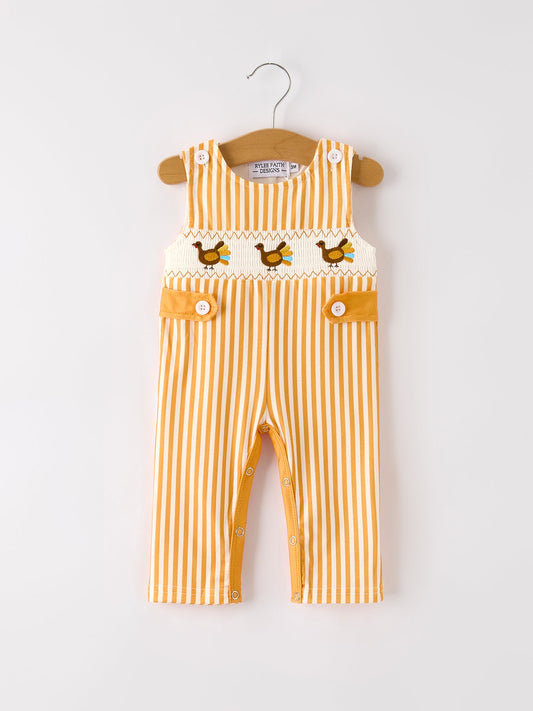 Fall Thanksgiving Turkey Smock Embroidered Orange Stripes Boys Romper