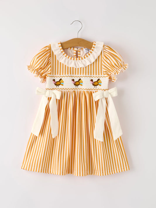 Fall Thanksgiving Turkey Smock Embroidery Baby Girl Dress