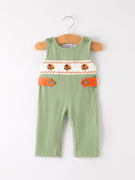 Fall Thanksgiving Turkey Smock Embroidered Green Boys Romper