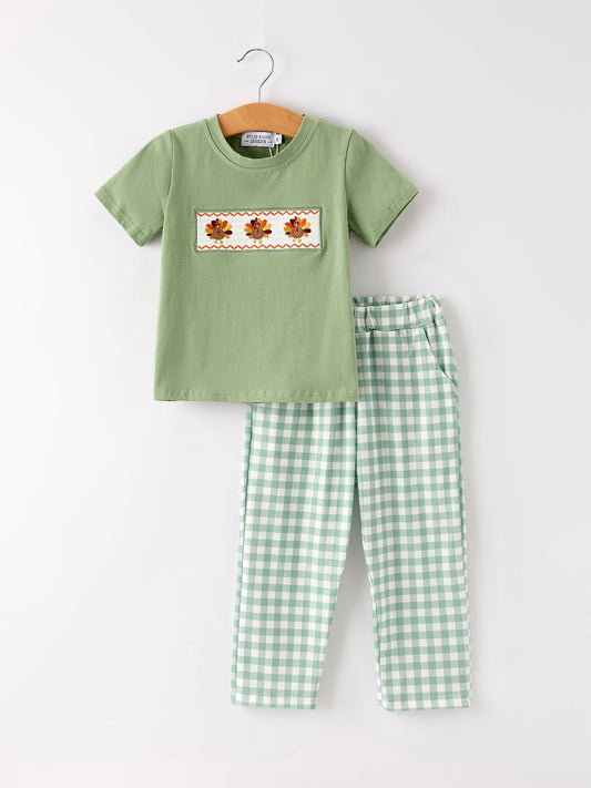 Fall Thanksgiving Turkey Smock Embroidered Green Plaid Boys 'Set
