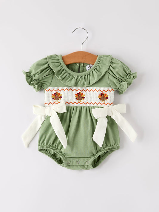 Fall Thanksgiving Turkey Smock Embroidered Green  Baby Girl Romper