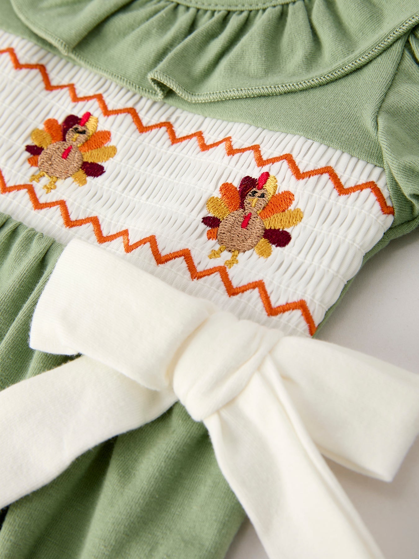 Fall Thanksgiving Turkey Smock Embroidered Green  Baby Girl Romper
