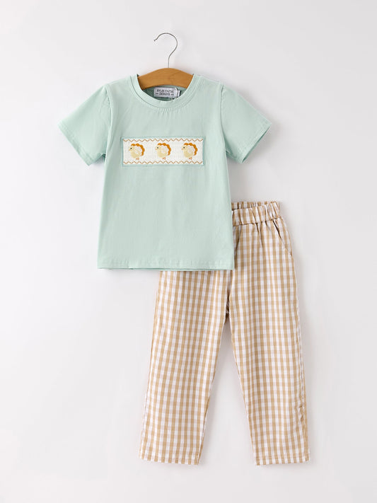 Fall Thanksgiving Plaid Turkey Embroidery Smocking Boys Set