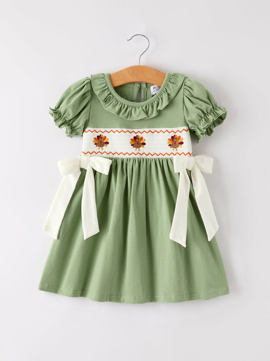 Fall Thanksgiving Turkey Smock Embroidered Green  Baby Girl Dress
