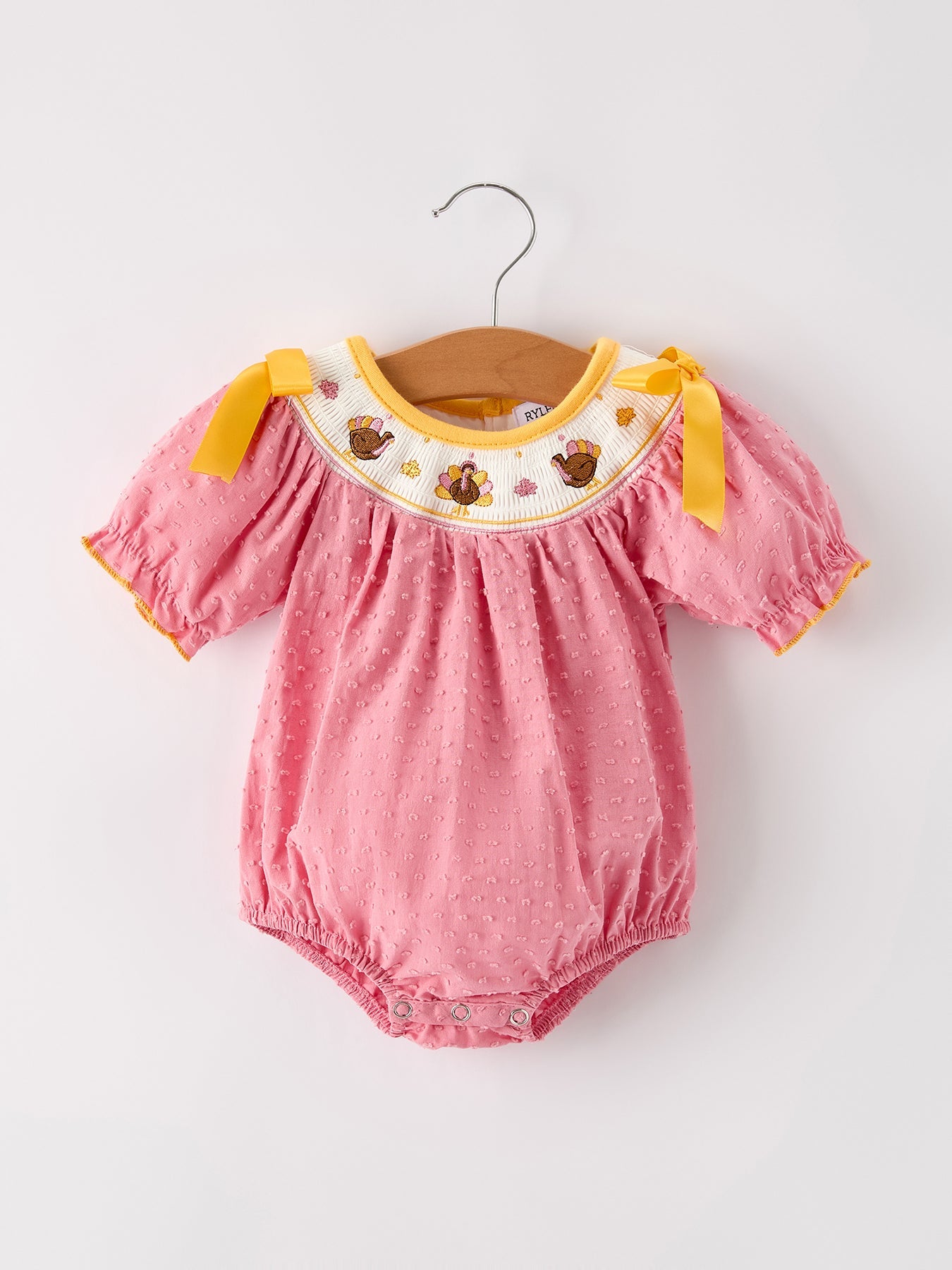 Fall Thanksgiving Turkey Leaf Embroidery Smocking Bow Baby Girls Romper