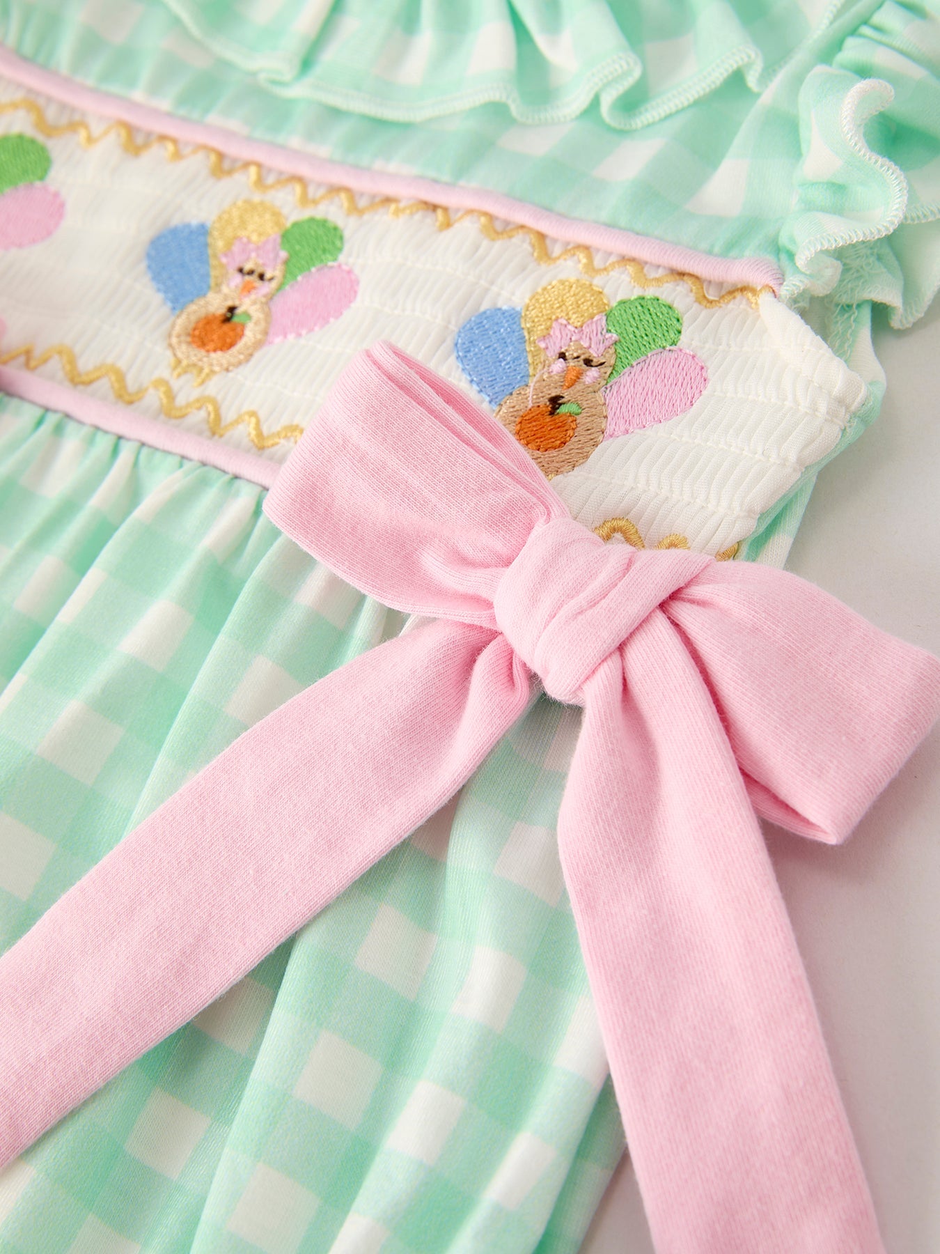 Fall Thanksgiving Green Chicken Smock Embroidered Plaid Baby Girls Romper