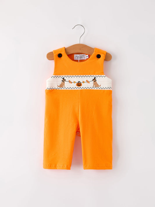 Fall Halloween Orange Embroidery Smocking Baby Boys Romper