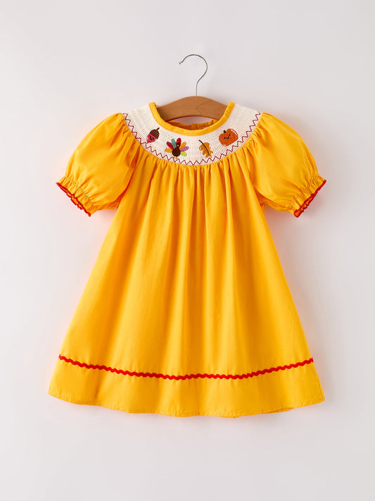 Fall Halloween & Thanksgiving Turkey Nuts Smock Embroidered Yellow Girls Dress