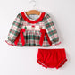 Christmas Plaid Smocking Embroidered Girls Bloomers Romper Set