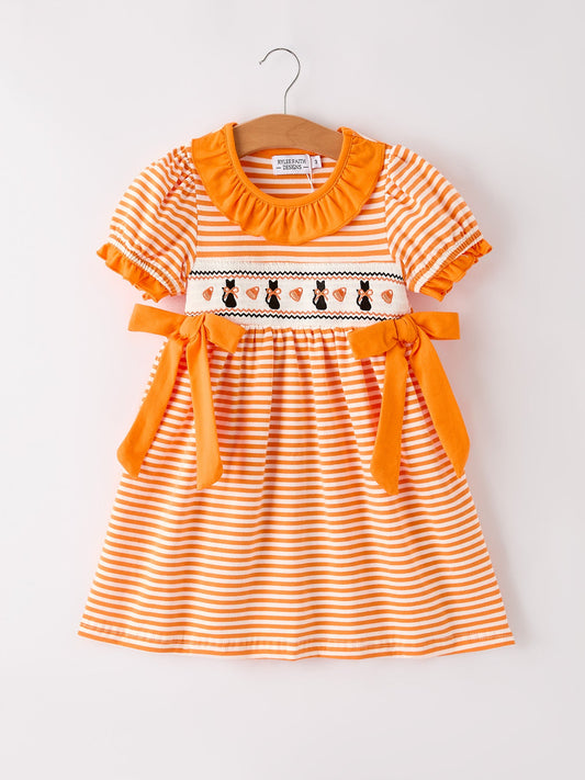 Halloween Striped Dress with Cat Smocking Embroidery –  Perfect for Fall