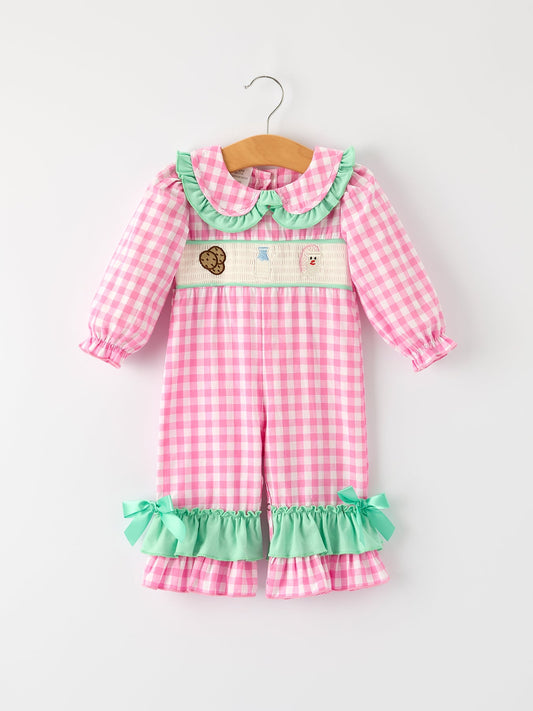 Christmas Green Santa Smocking Applique Plaid Baby Girls Romper