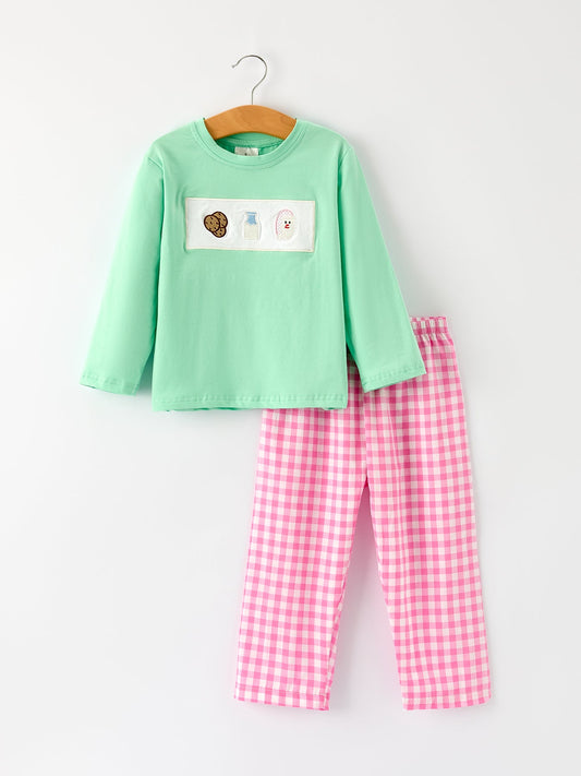 Christmas Green Santa Applique Plaid Boys Set