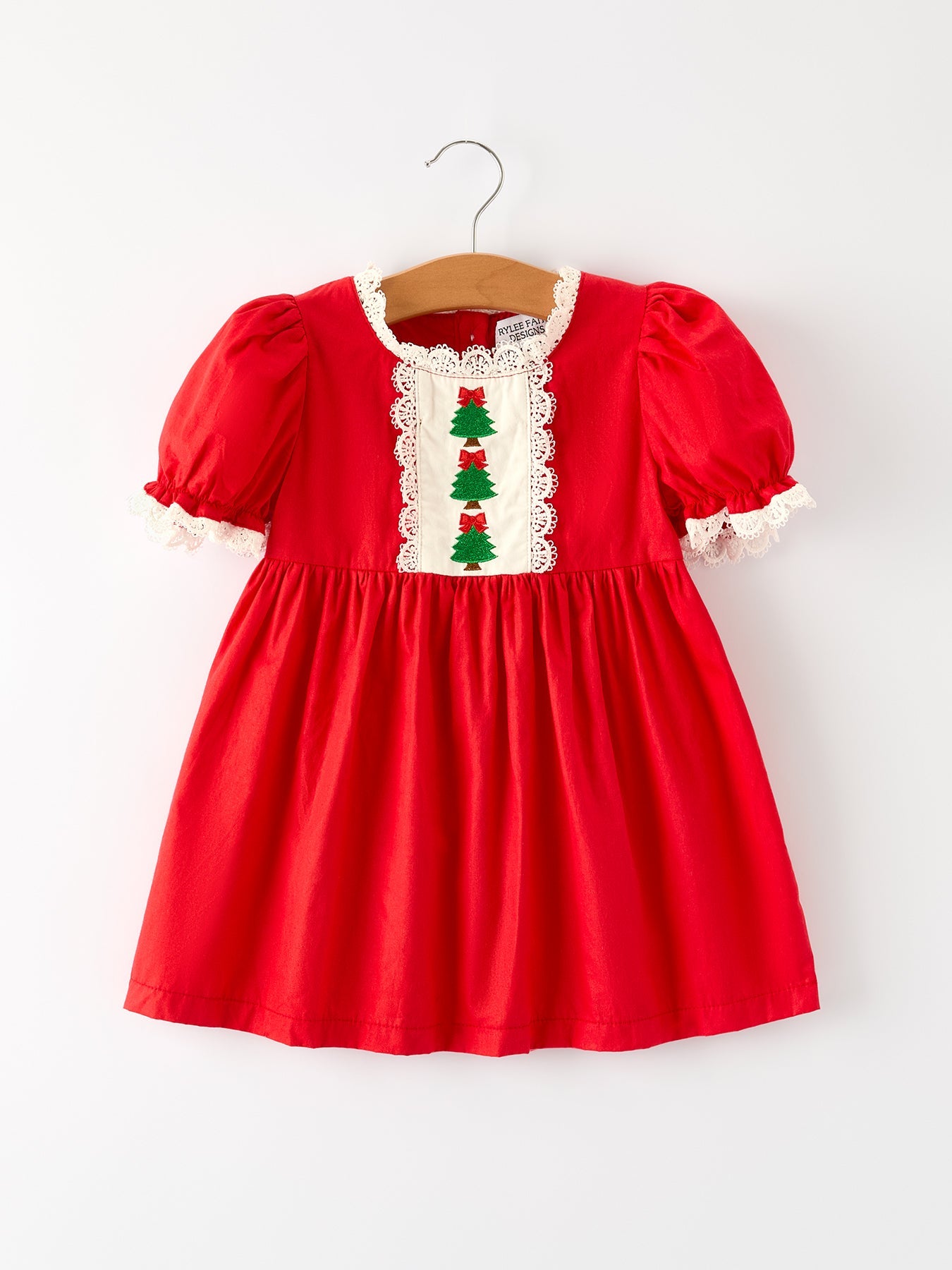 Red Christmas Girls Dress: Beautiful Embroidery with Lace Trim