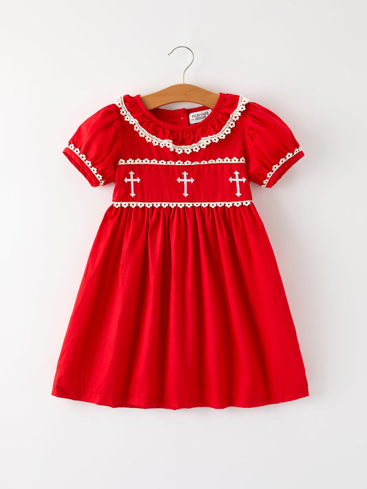 Red Christmas Girls Dress: Cross Embroidery with Lace Trim