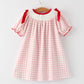 Pink Gingham Christmas Girls Dress: Santa Embroidery with Red Satin Ribbon