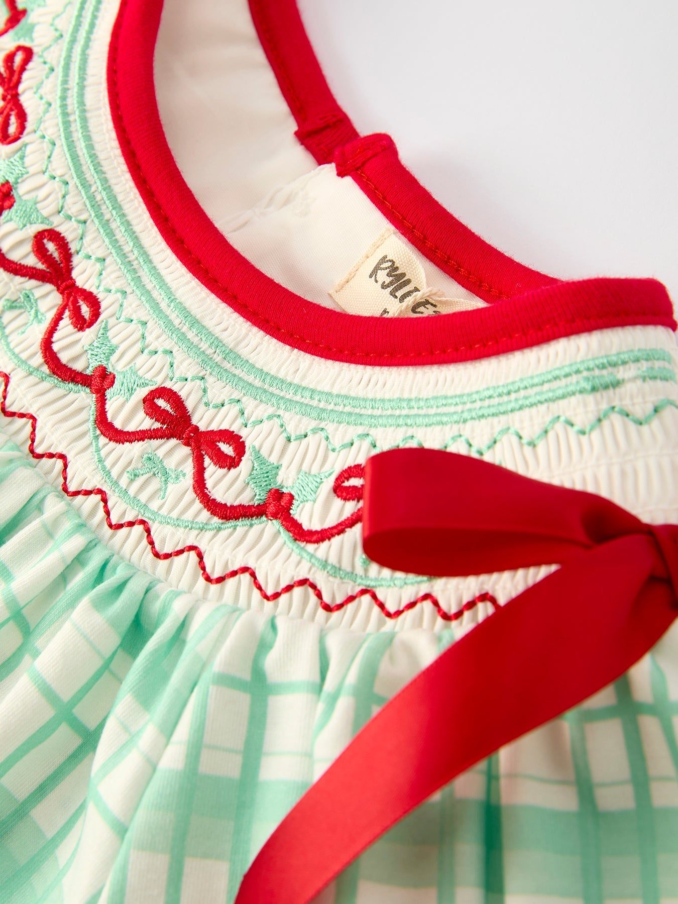 Christmas Girl Smock Embroidery Green Plaid Dress