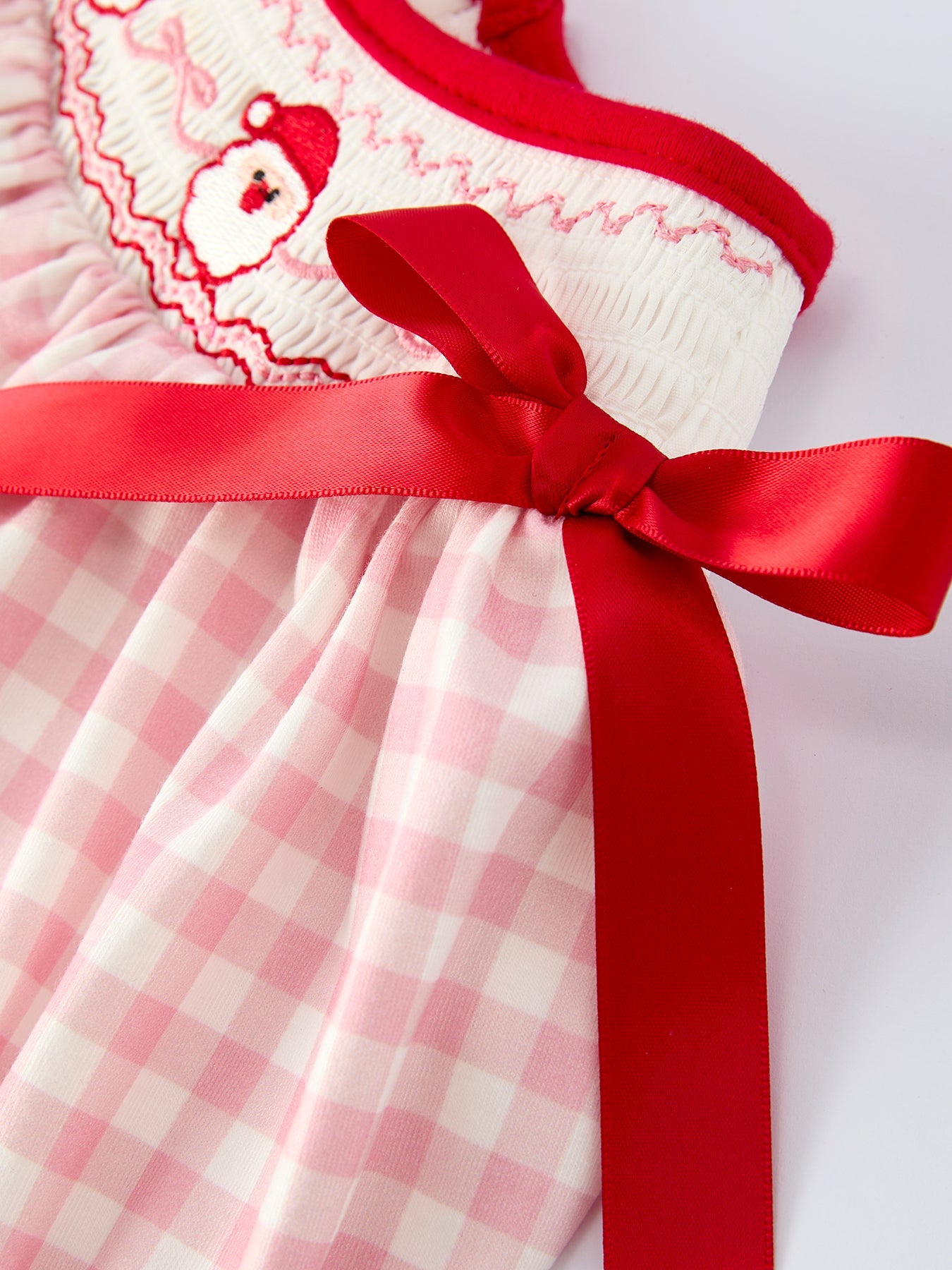Pink Gingham Christmas Girls Dress: Santa Embroidery with Red Satin Ribbon