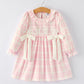 Fall Pink Plaid Ruffle Ballet Shoe Embroidery Long Sleeve Dress
