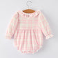 Fall Pink Plaid Ruffle Ballet Shoe Embroidery Long Sleeve Romper