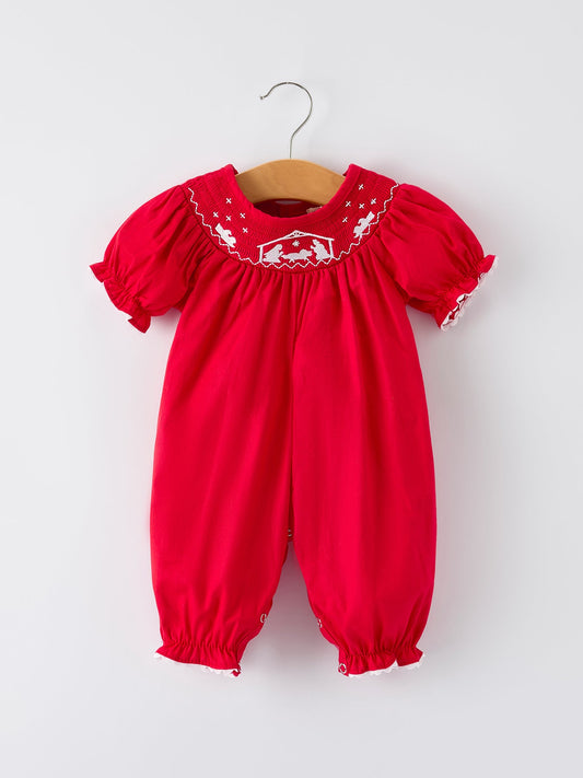 Red Christmas Baby Girls Romper: Nativity Embroidery