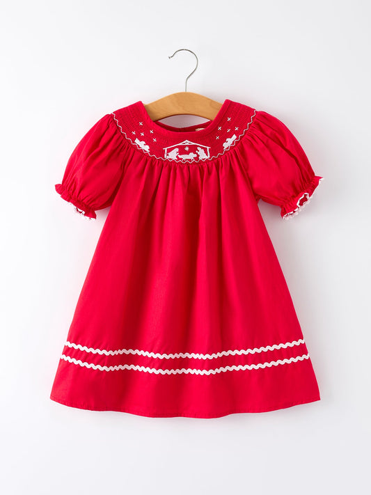 Red Christmas Girls Dress: Nativity Embroidery