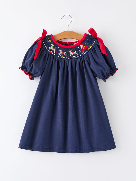 Christmas  Holiday Celebration Dress: Navy with Santa Sleigh
