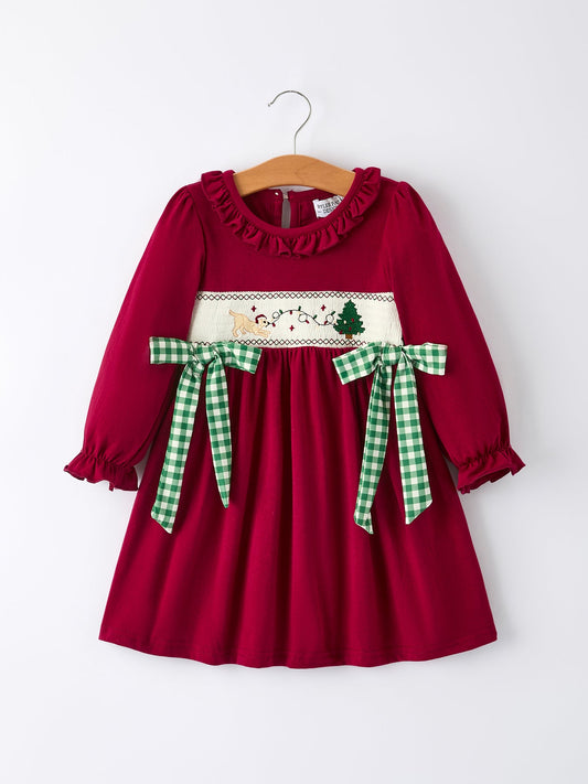 PREORDER Christmas Smocking Embroidered Girls Dress with Green Plaid Bow