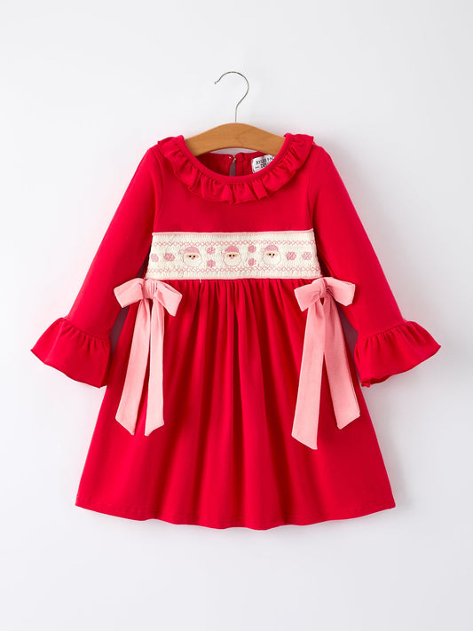 PREORDER: Christmas Smocked Embroidery Girls Dress with Pink Ribbon Ties