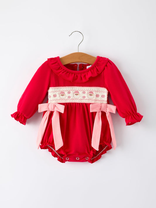 PREORDER Christmas Smocked Embroidery Baby Girls Romper with Pink Ribbon Ties