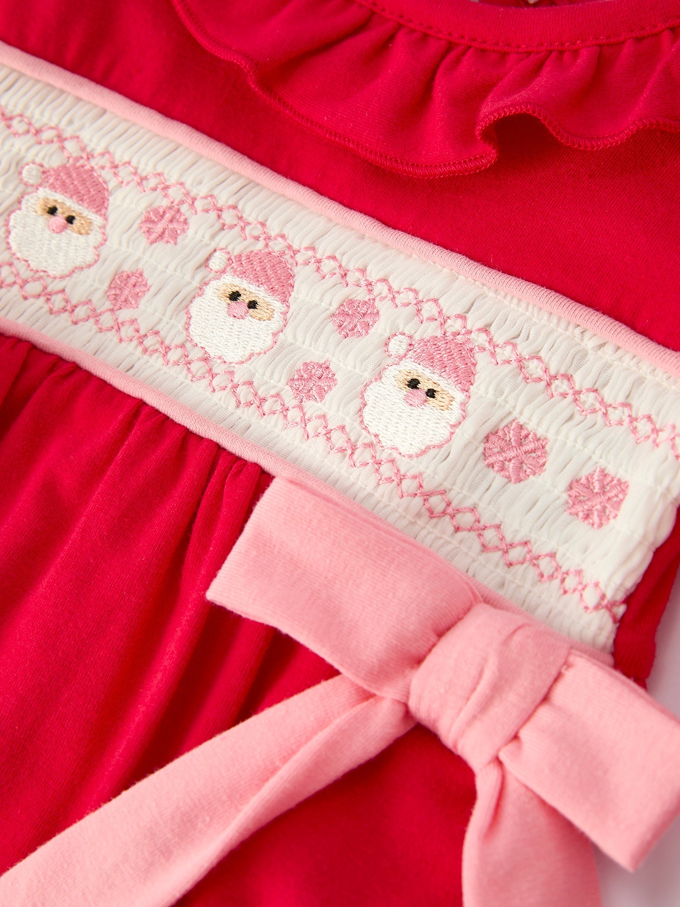 PREORDER Christmas Smocked Embroidery Baby Girls Romper with Pink Ribbon Ties