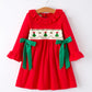 Christmas Smocked Dress with Green Bow and Tree Embroidery