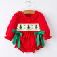 Christmas Smocked Girls Romper with Green Bow and Tree Embroidery