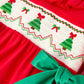 Christmas Smocked Girls Romper with Green Bow and Tree Embroidery