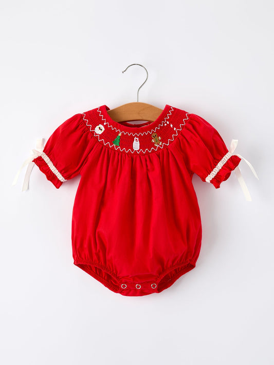 Christmas Gingerbread Embroidery Red Baby Girls Romper with Bow