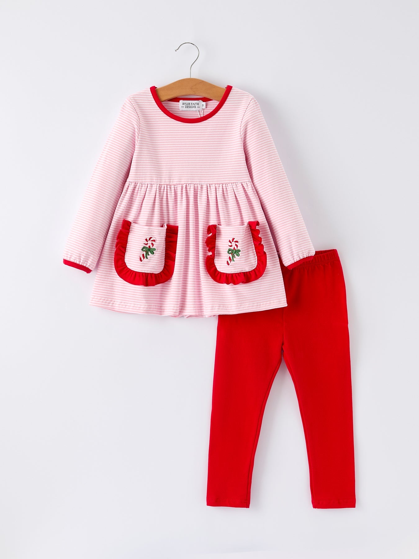Christmas Candy Cane Embroidery Striped Girl Set with Pocket Ruffles