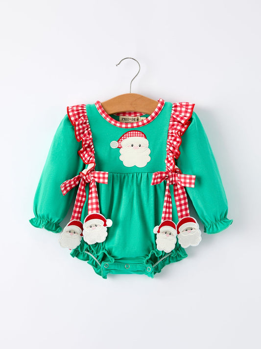 Christmas Cute Santa Applique Red Plaid Bow Baby Girls Romper