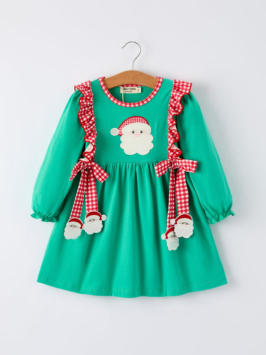 Christmas Cute Santa Applique Red Plaid Bow Girls Dress
