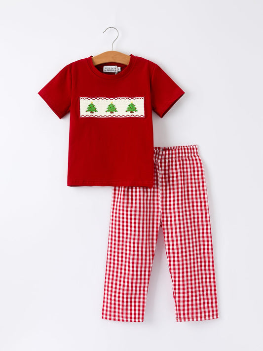 Christmas Smocking Embroidered Christmas Tree Plaid Boys Set