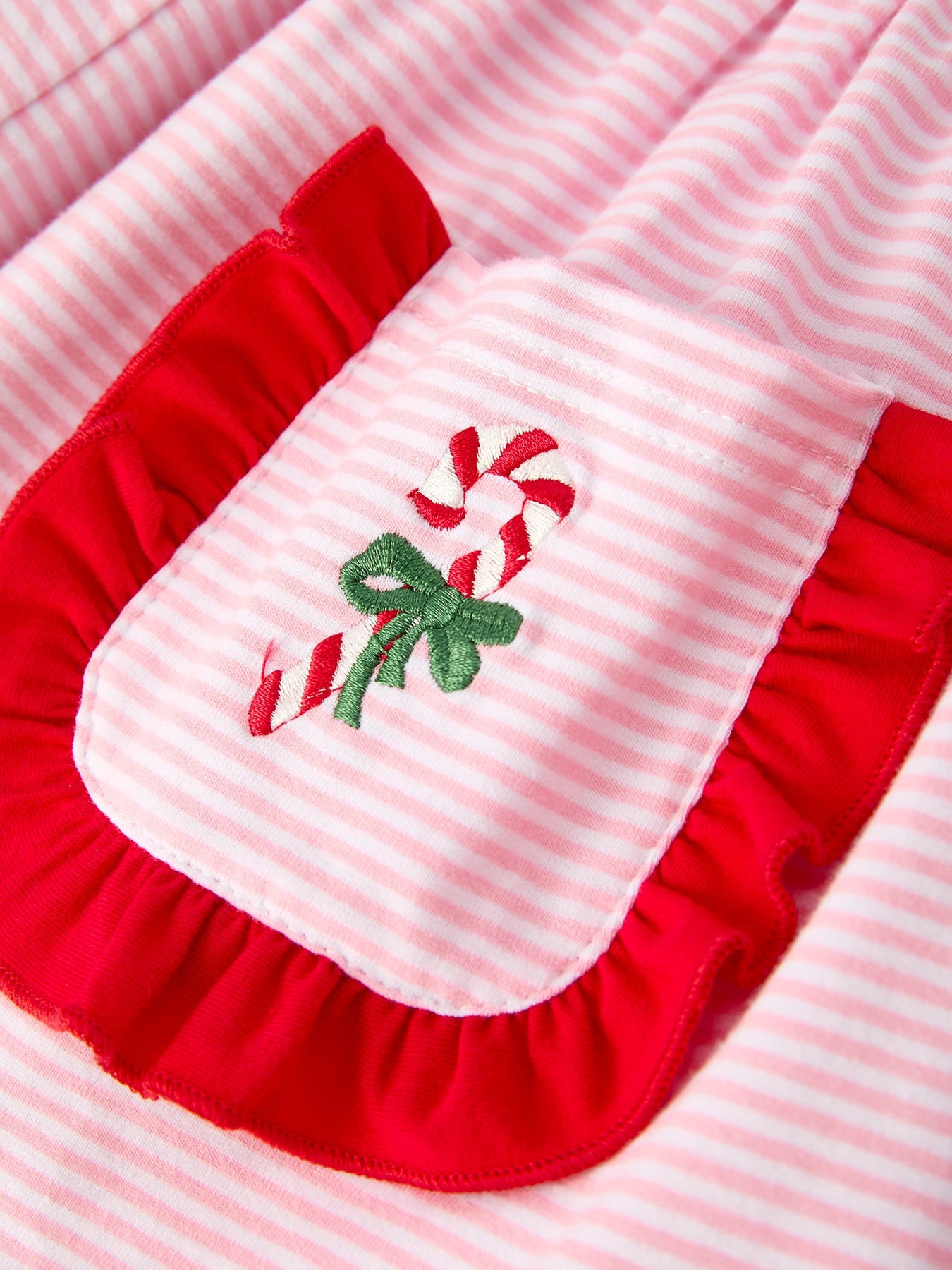 Christmas Candy Cane Embroidery Striped Girl Set with Pocket Ruffles