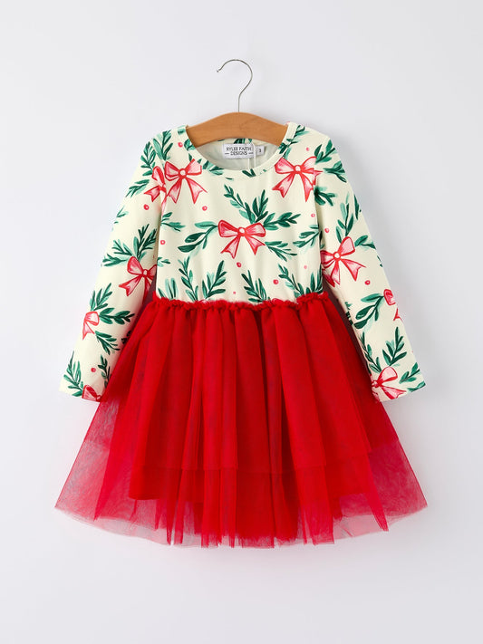 Red Tulle Skirt Christmas Tutu Dress and Holly Print
