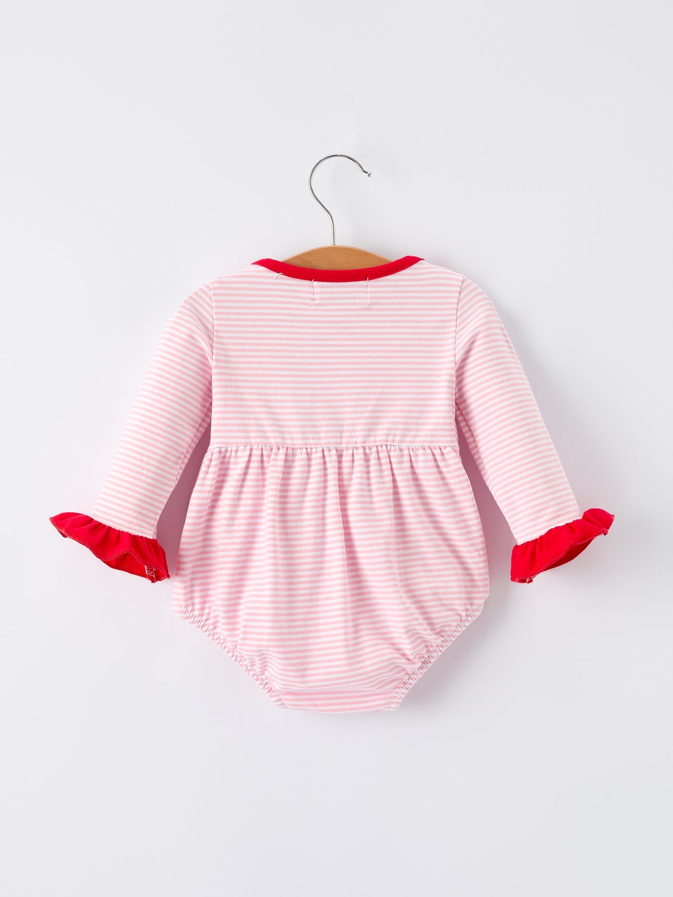 Christmas Candy Cane Embroidery Striped Baby Girl Romper with Pocket Ruffles