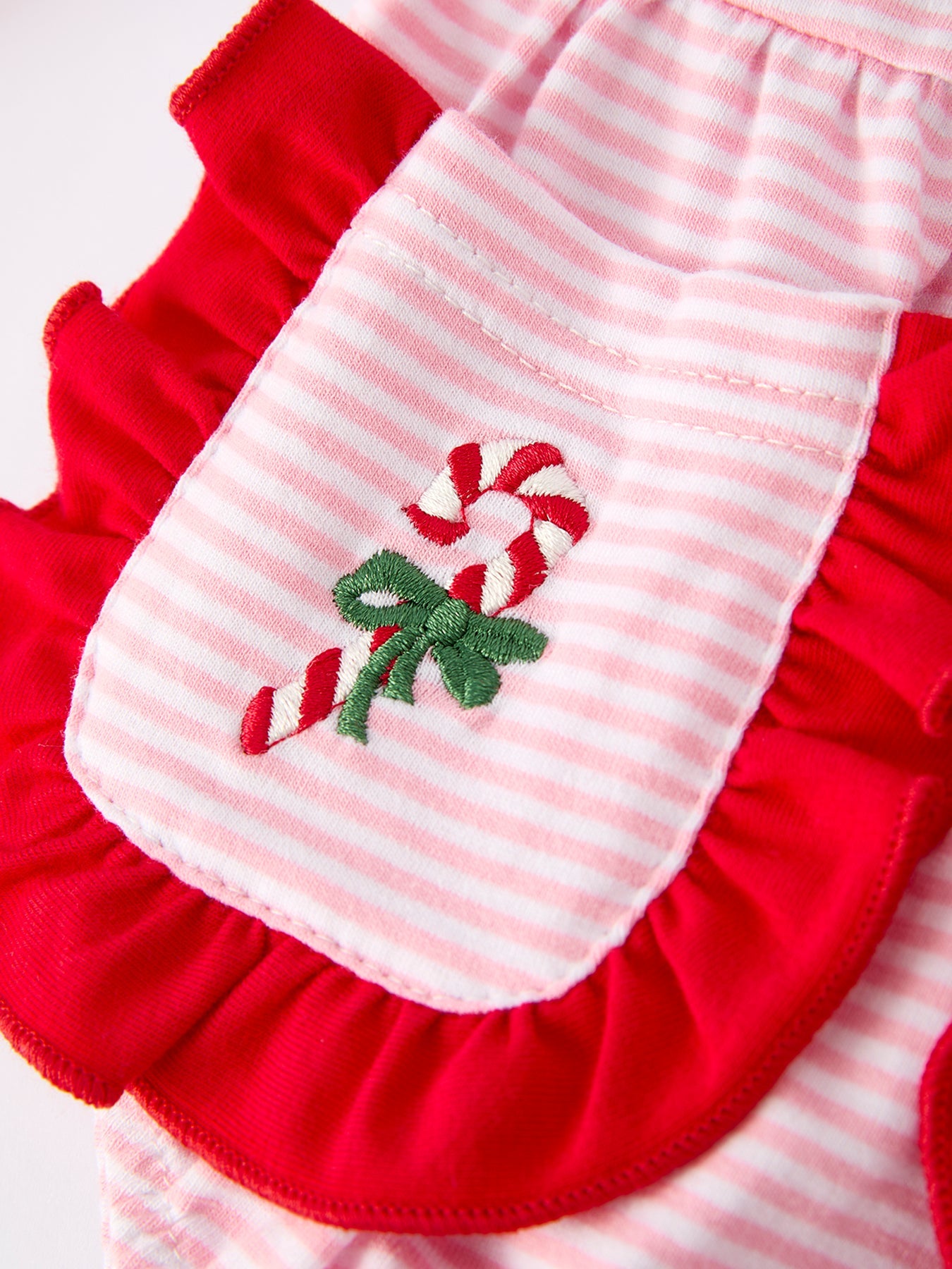 Christmas Candy Cane Embroidery Striped Baby Girl Romper with Pocket Ruffles