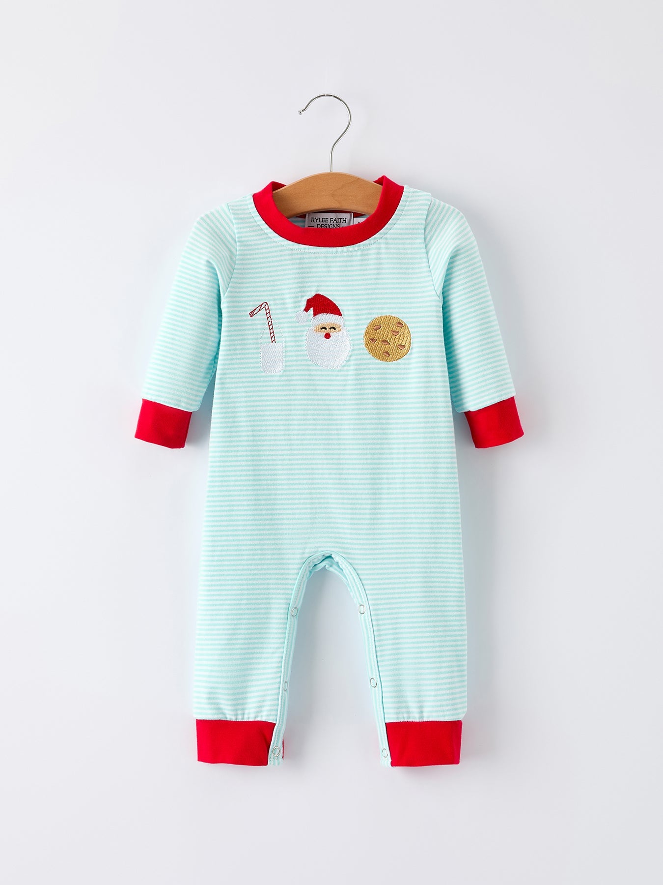Christmas Santa Candy Cane Cookie Embroidery Baby Boys Striped Romper