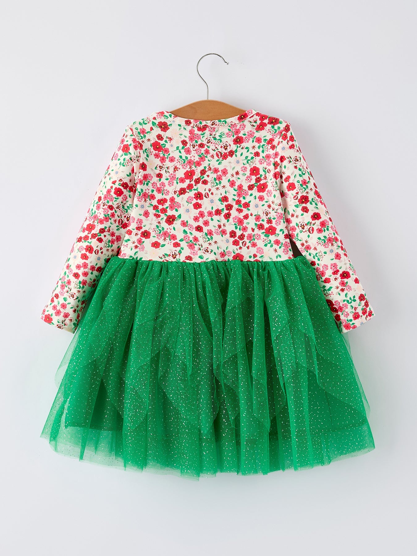 Christmas Santa Applique Floral Long Sleeve Ruffle with Bow Ties Girls Dress