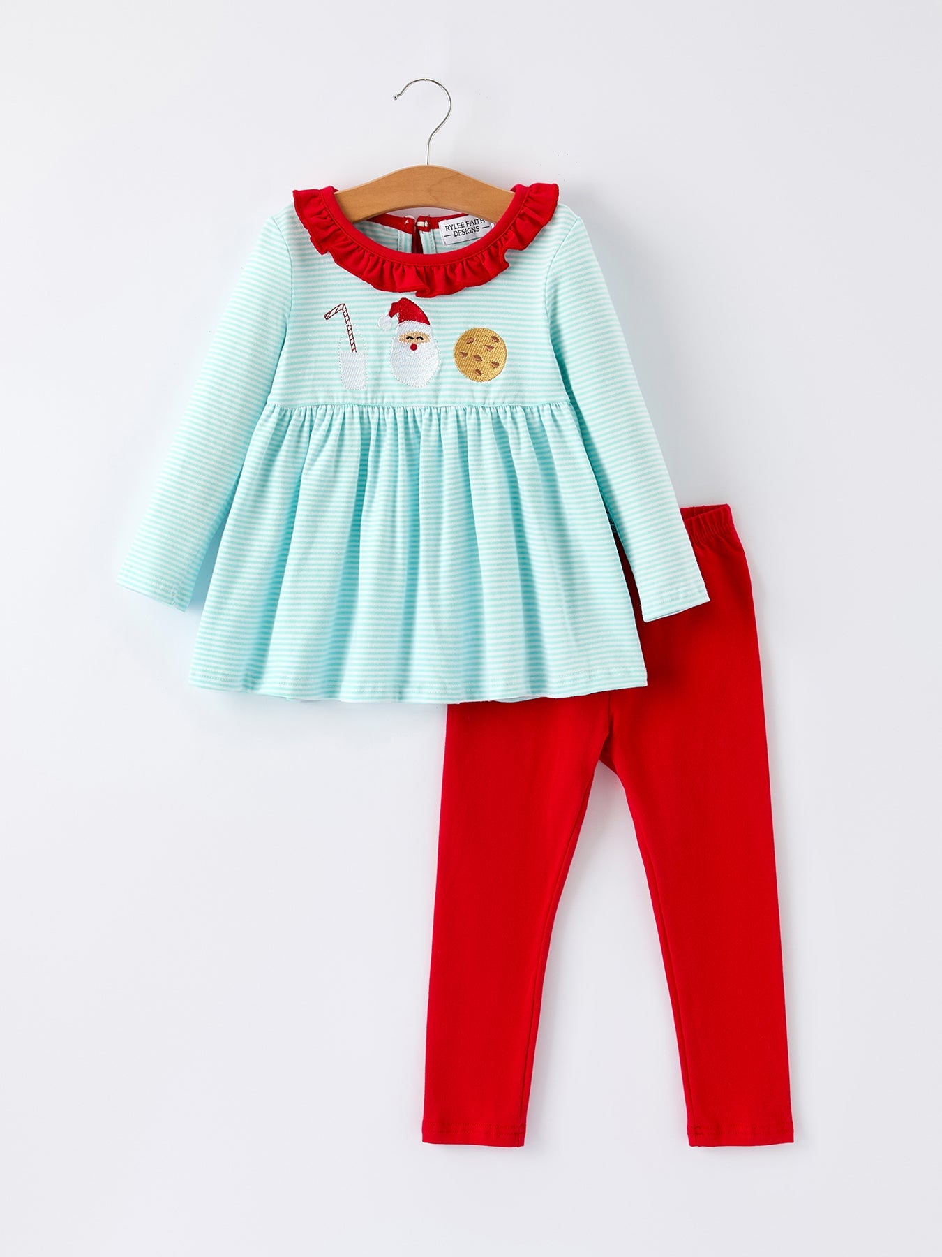 Girls Christmas Santa Candy Cane Cookie Embroidery Striped Set