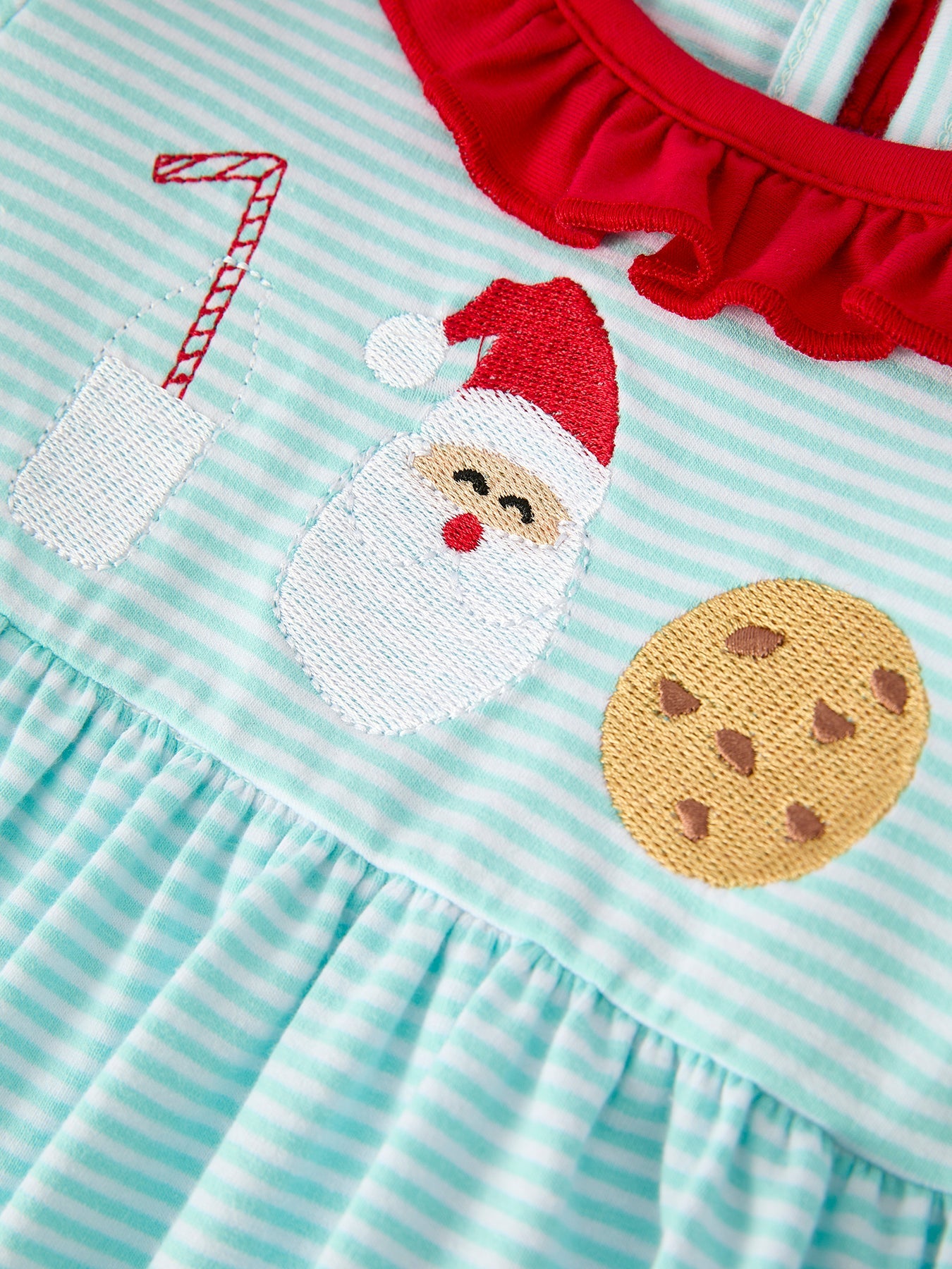 Girls Christmas Santa Candy Cane Cookie Embroidery Striped Set