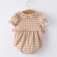 Christmas Vintage-Style Plaid Embroidered Gingerbread and Bows Girls Romper