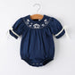 Navy Blue Nativity Smocking Embroidered Baby Girls Christmas Romper