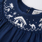 Navy Blue Nativity Smocking Embroidered Baby Girls Christmas Romper
